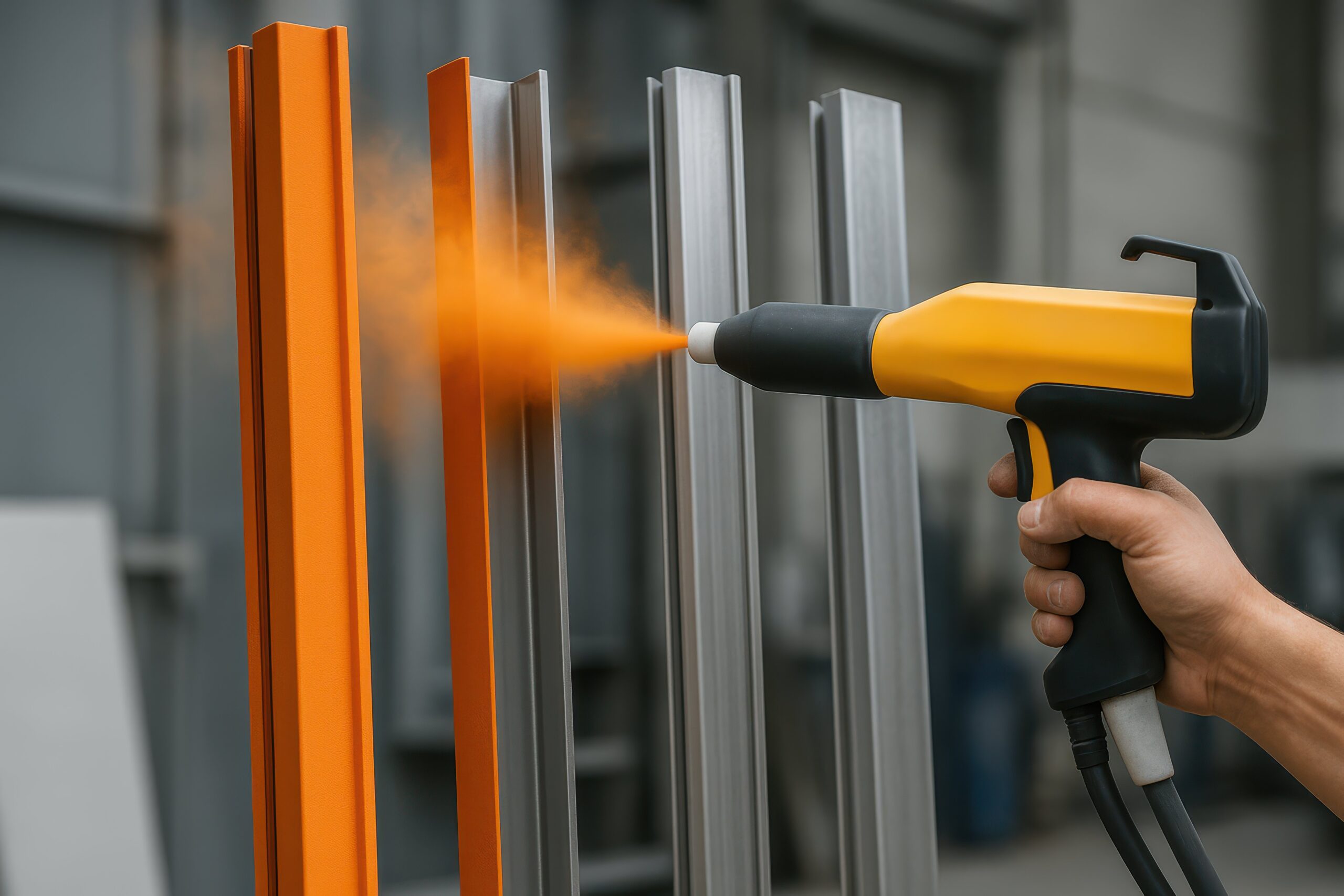 A spray gun applying powder coating.