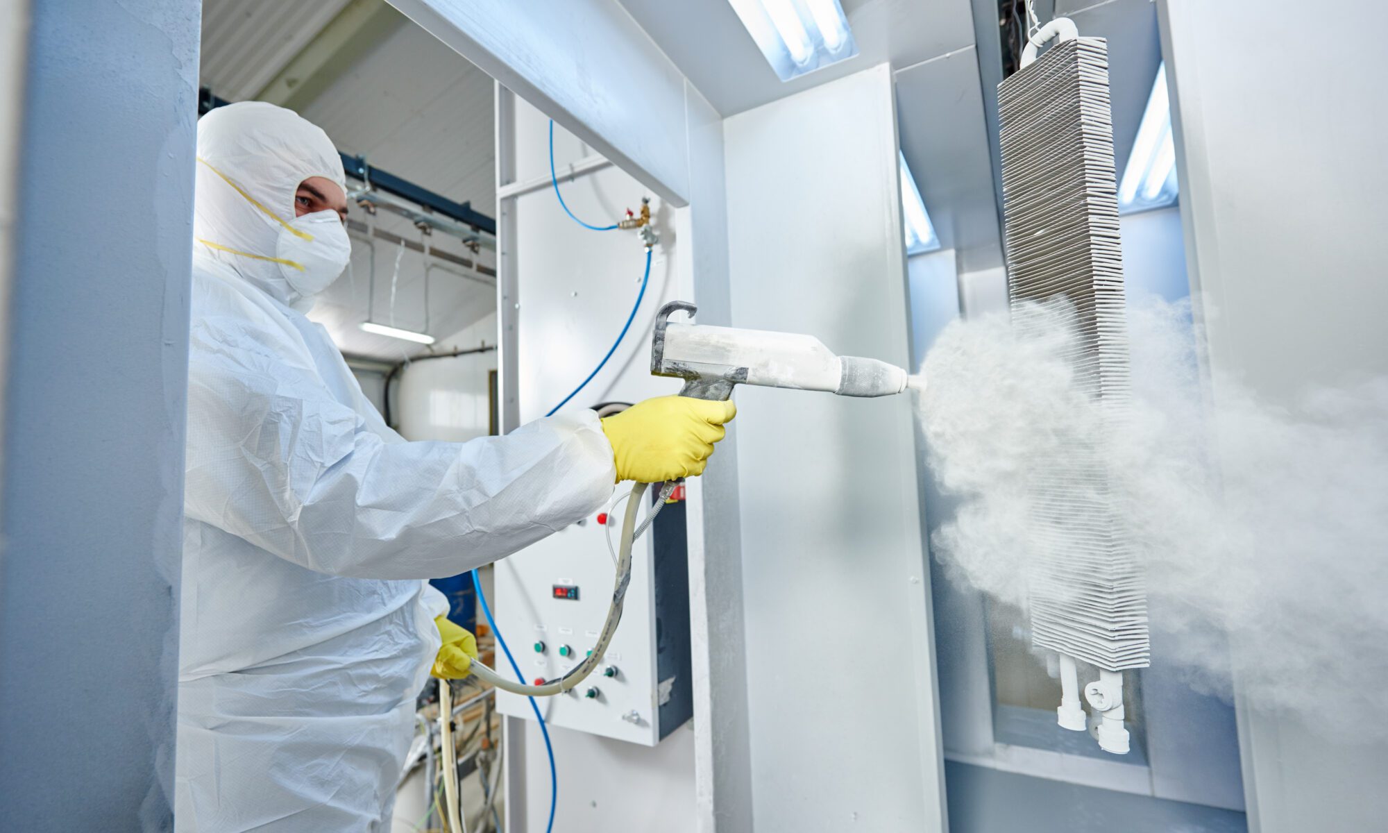 A man in a protective suit using a spray gun to apply powder coating to metal parts.