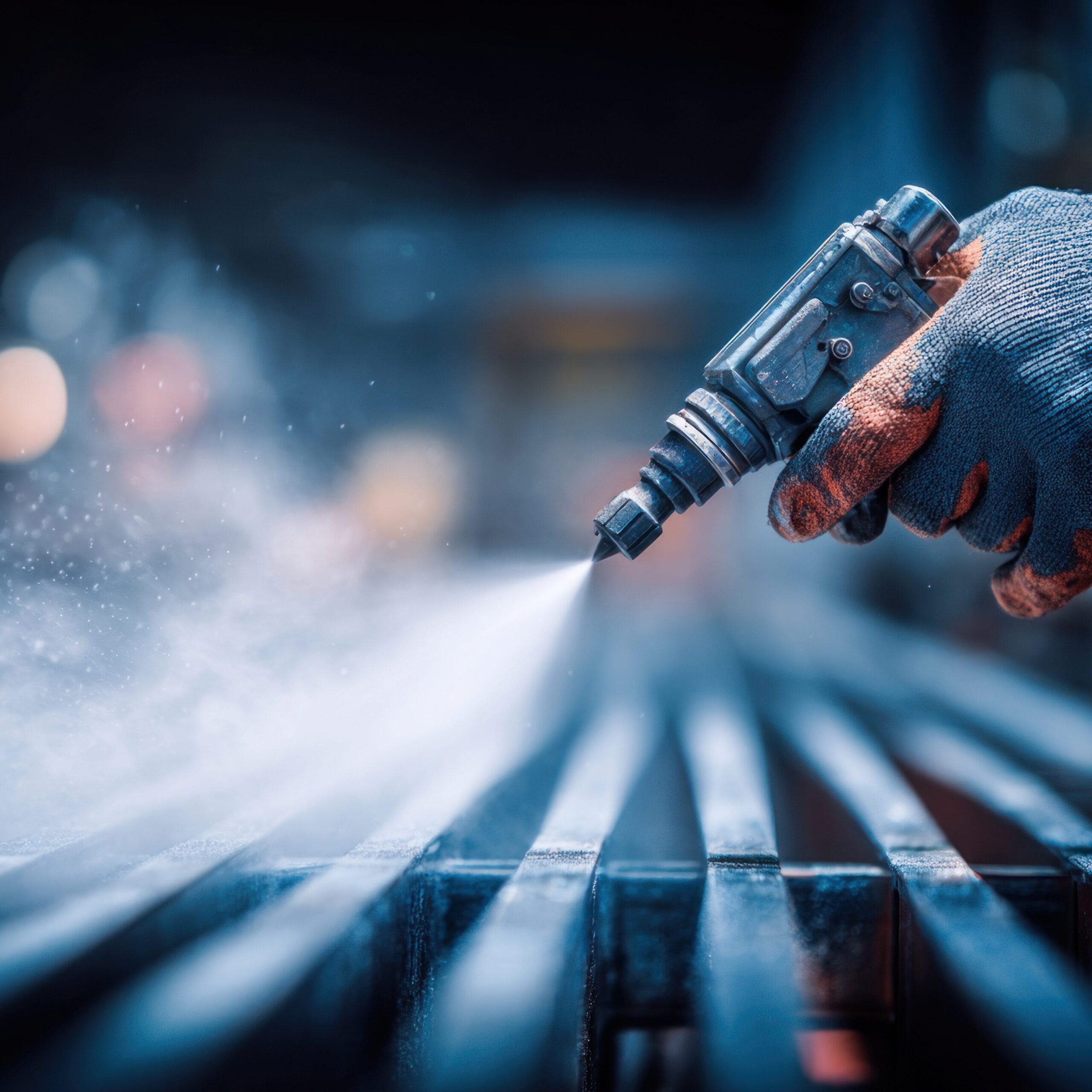 Close-up of a gloved hand holding a spray gun.