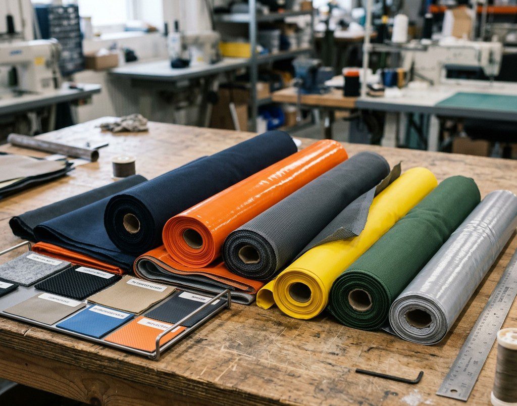 A close-up view of vibrant rolled technical textile fabrics and material swatch cards arranged on a wooden industrial workbench in a manufacturing workshop, shot with a shallow depth of field.