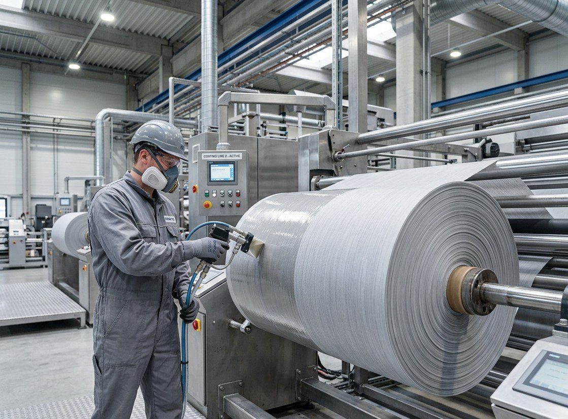 Industrial worker in protective gear applying a liquid coating to a large roll of technical fabric on a stainless steel production line.