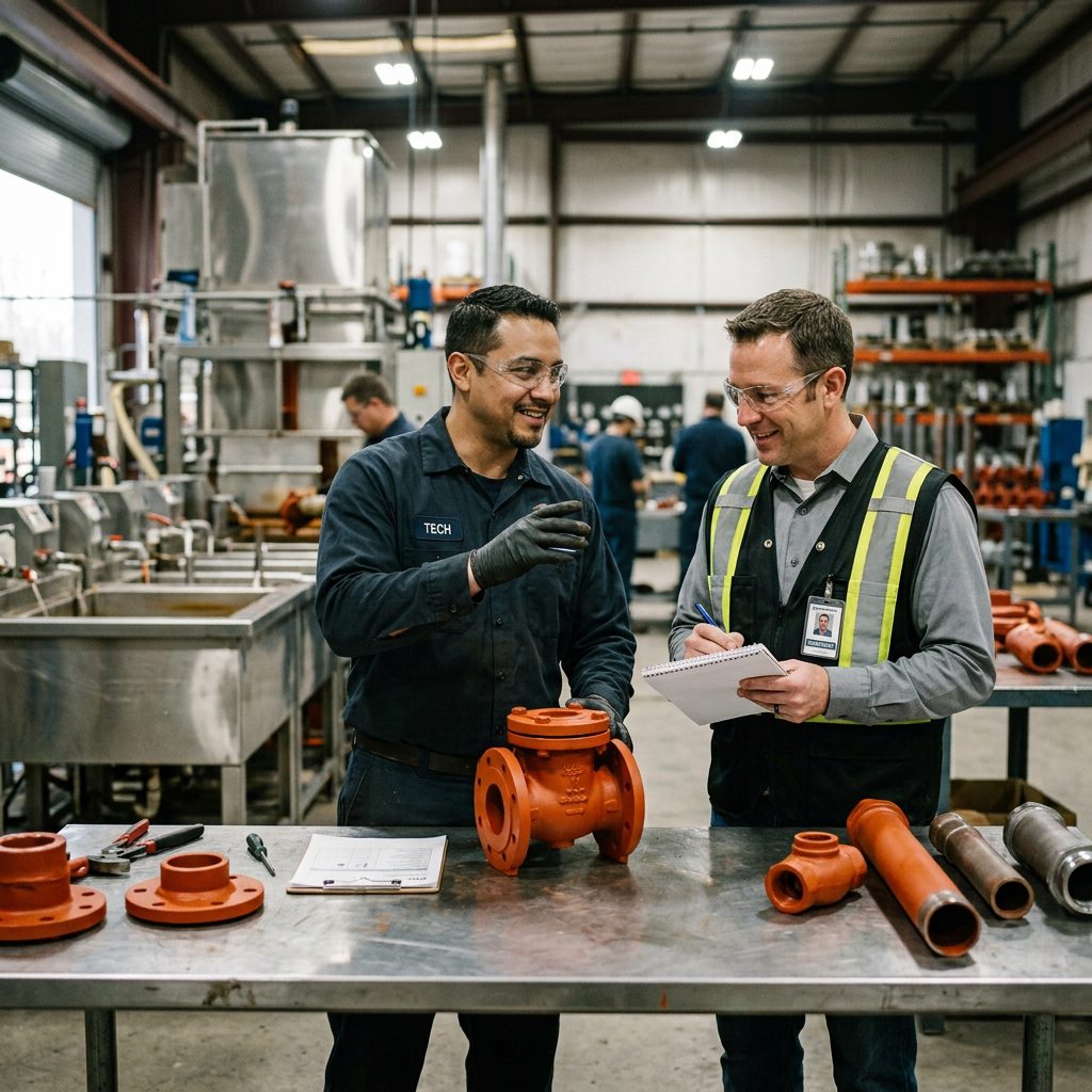 Industrial technician and engineer reviewing a coated petrochemical valve at a manufacturing facility.
